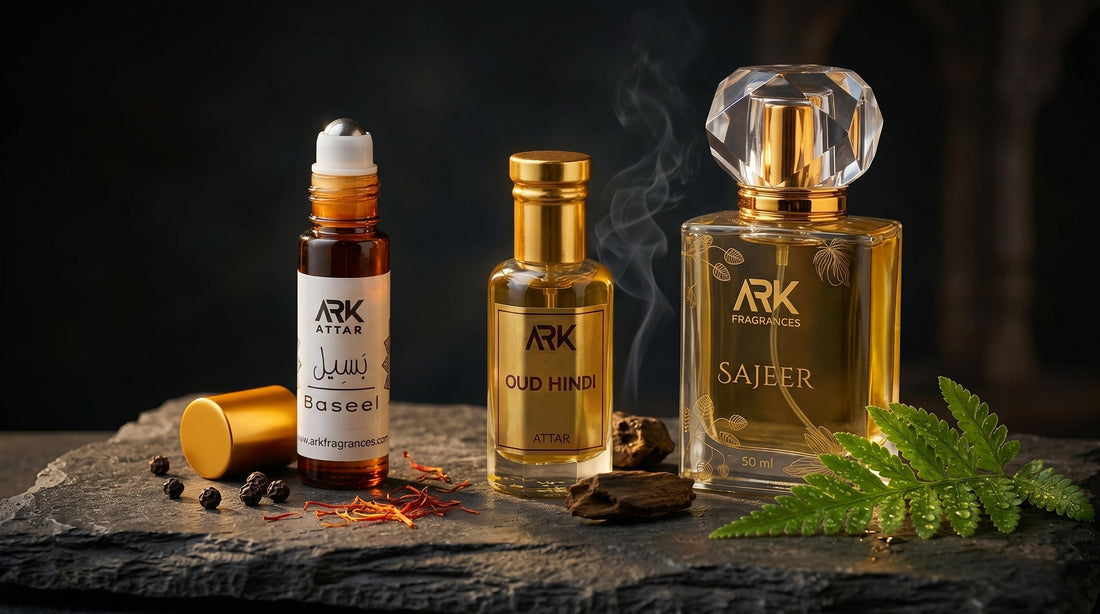 Three premium attar bottles displayed on dark slate with spices, fresh leaves, and agarwood representing ARK Fragrances' hidden gems.