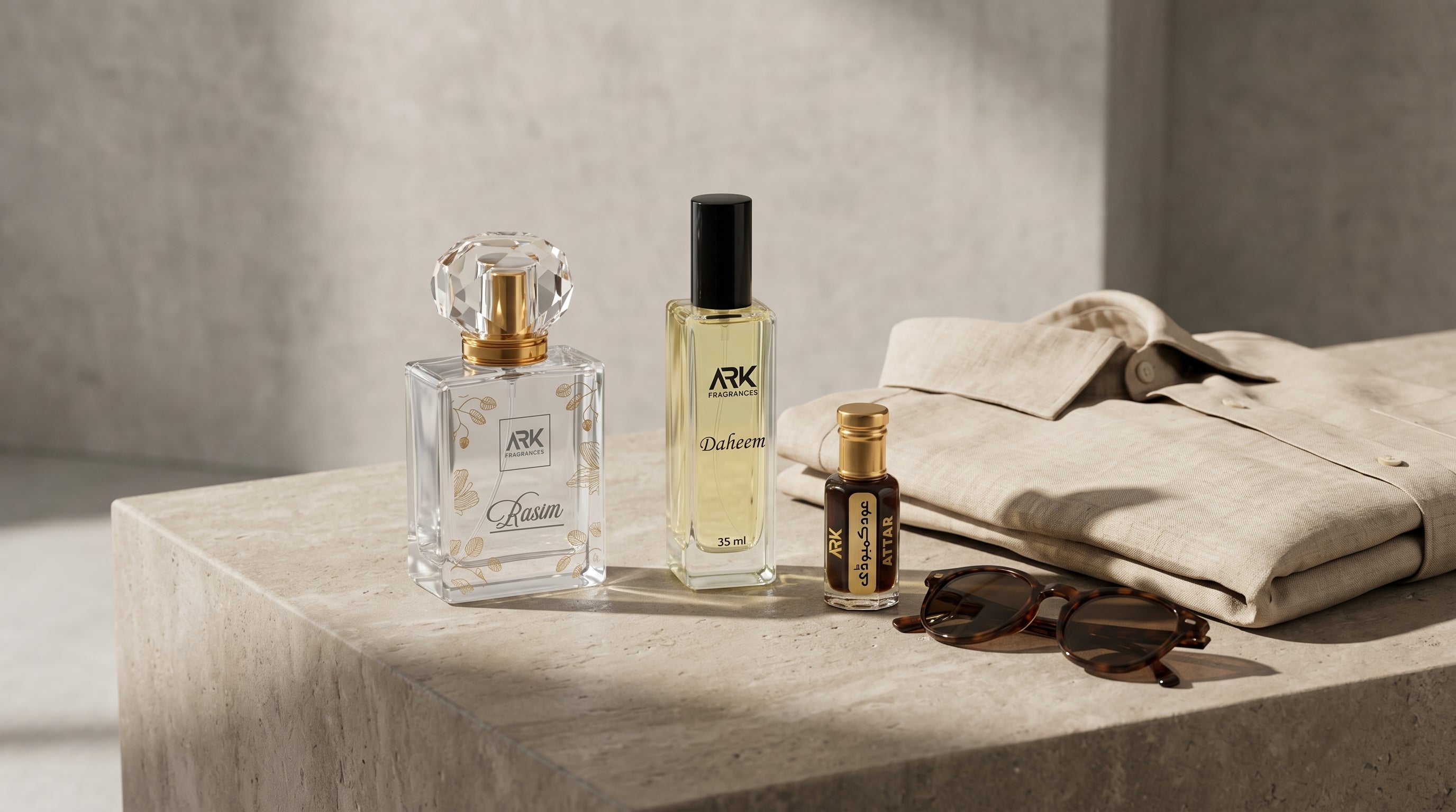 Three luxury perfume bottles placed next to a folded linen shirt and sunglasses, representing a minimalist fragrance wardrobe for men.