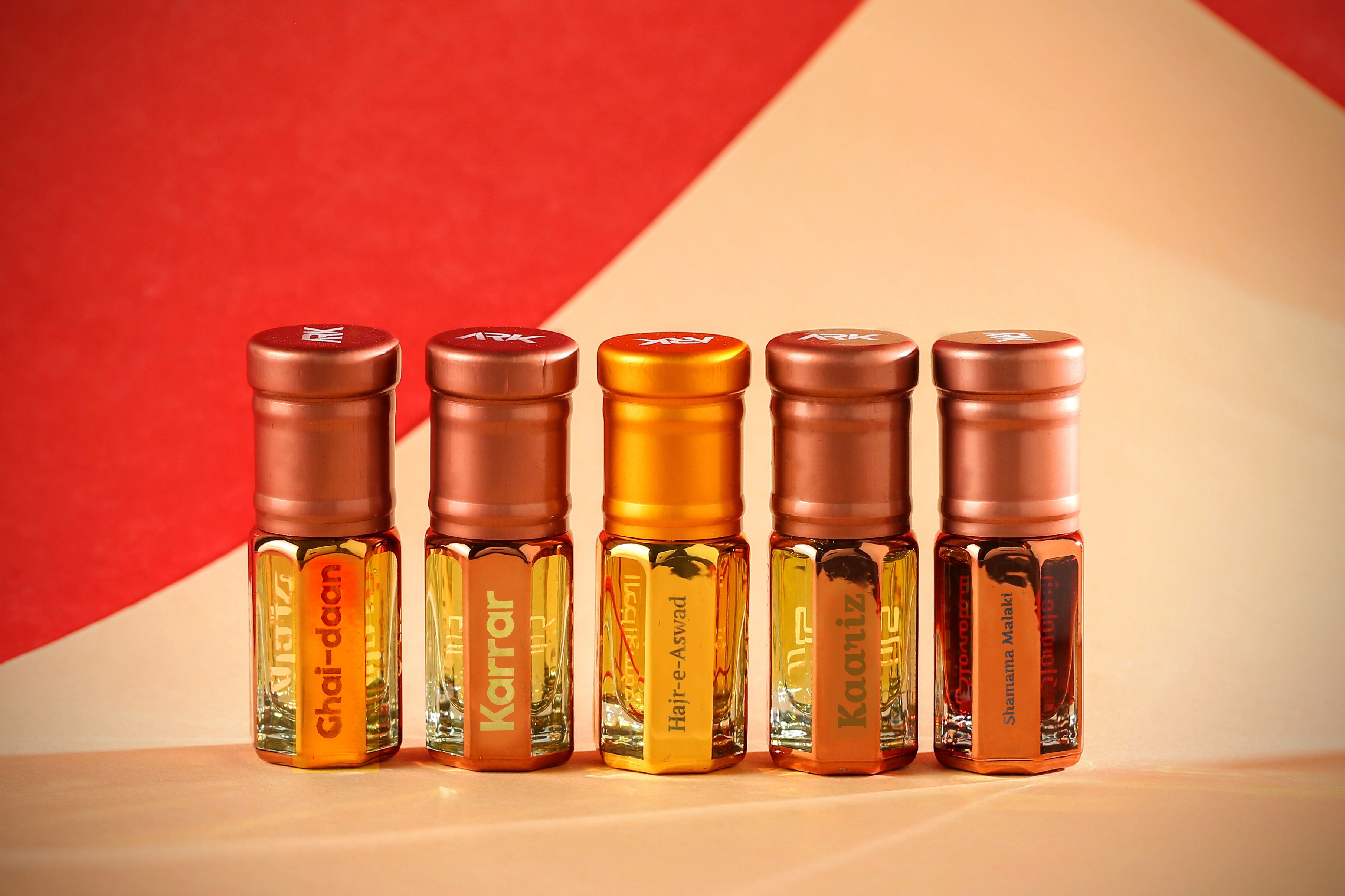 Luxury Attar Collection by ARK Fragrances featuring Ghai Daan Karrar Hajr e Aswad Kaariz and Shamama Maliki premium concentrated perfume oils best gift set online delivery in Lahore Karachi Islamabad Rawalpindi Multan Peshawar Gujranwala Hyderabad Sialkot Quetta and Pakistan