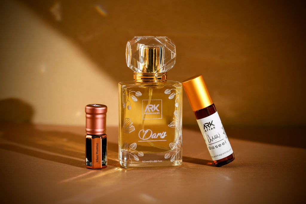 ARK Fragrances premium combo set featuring Daris Perfume 50ml Baseel Attar roll on and Khas Mumtaz concentrated oil best luxury gift collection in Lahore Pakistan