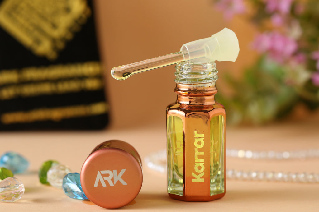 Karrar Attar by ARK Fragrances premium concentrated perfume oil with glass stick applicator elegant soft floral background alcohol free available in 3ml 6ml and 12ml sizes