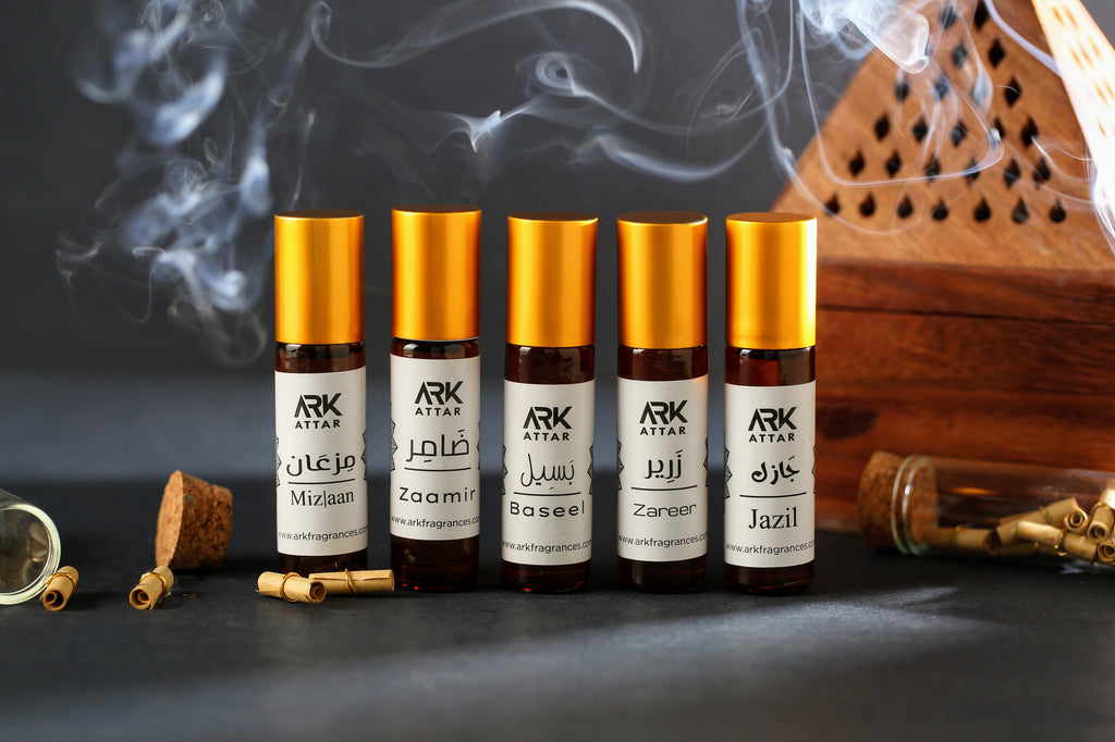 Luxury attar collection by ARK Fragrances featuring Mizlaan Zaamir Baseel Zareer and Jazil concentrated perfume oil alcohol free long lasting scent available in 3ml 6ml and 12ml packaging best gift set in Pakistan