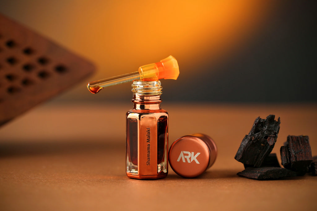Shamama Maliki Attar by ARK Fragrances premium concentrated perfume oil with glass applicator traditional warm smoky winter scent alcohol free available in 3ml 6ml and 12ml sizes