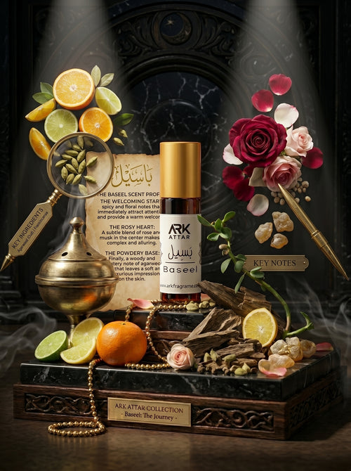 Buy Baseel premium attar by ARK Fragrances. Discover the best long-lasting, 100% alcohol-free luxury perfume featuring a unique blend of refreshing citrus, spicy cardamom, sweet rose, pure musk, and a warm woody agarwood oud base. Shop authentic pure scents online in Karachi, Lahore, and across Pakistan.