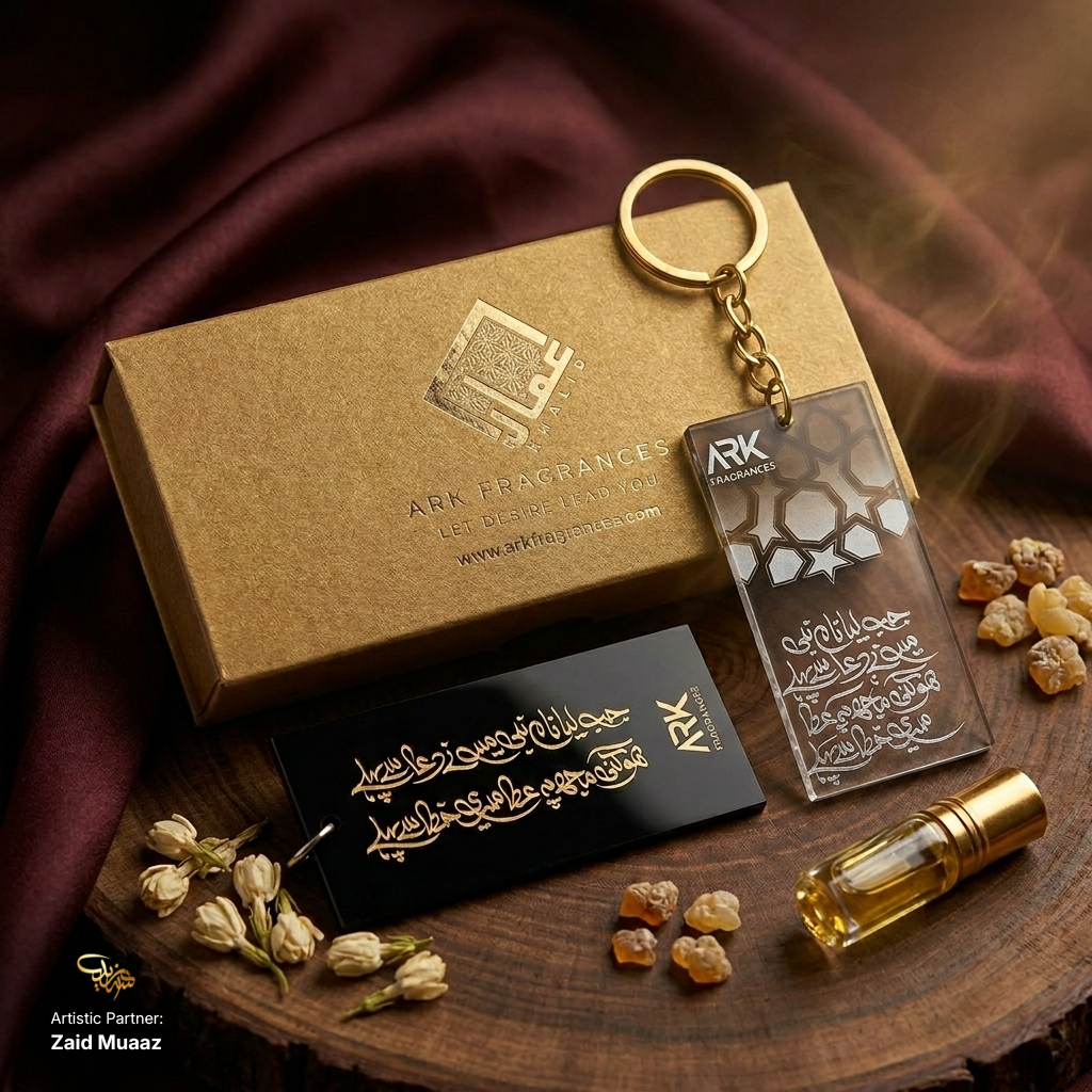 Meaningful and aesthetic gift ideas in Pakistan by ARK Fragrances. Beautiful Zaid Muaaz calligraphy keychain with motivational Urdu poetry, paired with our best-selling luxury attar. Ideal long-lasting fragrance gift box for him. Elevate your signature scent with premium, high-quality perfume oils that project better than Scents n Stories. Best online perfume store in Pakistan for luxury corporate gifts and wedding giveaways.