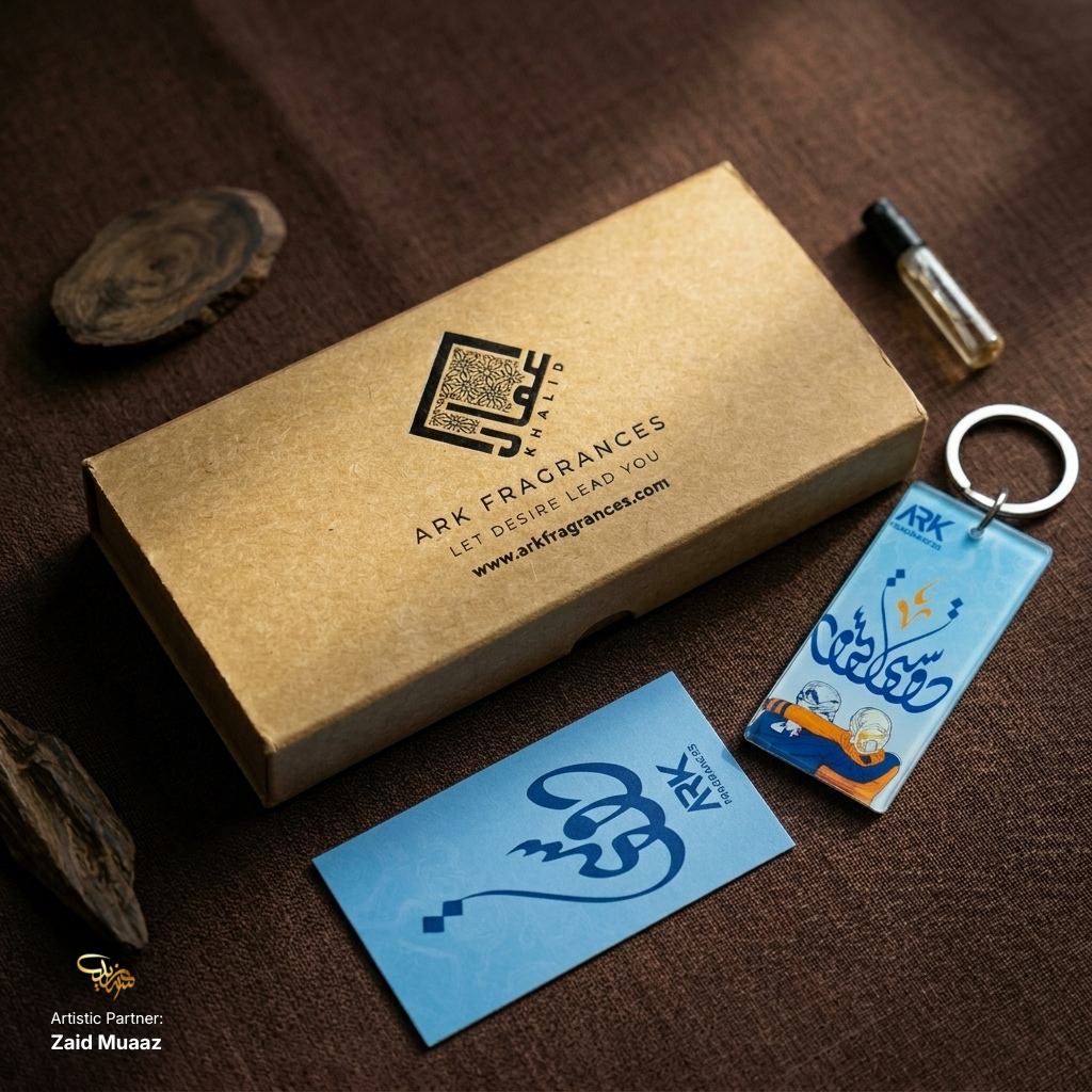 Premium corporate gifting and luxury men's fragrance boxes in Pakistan. This elegant kraft gift box includes a highly concentrated, long-lasting attar and a custom acrylic calligraphy keychain. Perfect for office wear, Jumu'ah, or daily use. Discover ARK Fragrances, the top choice for sophisticated grooming, authentic oud, and unique premium gifts, outperforming standard impressions from Scents n Stories or J. with pure luxury notes.