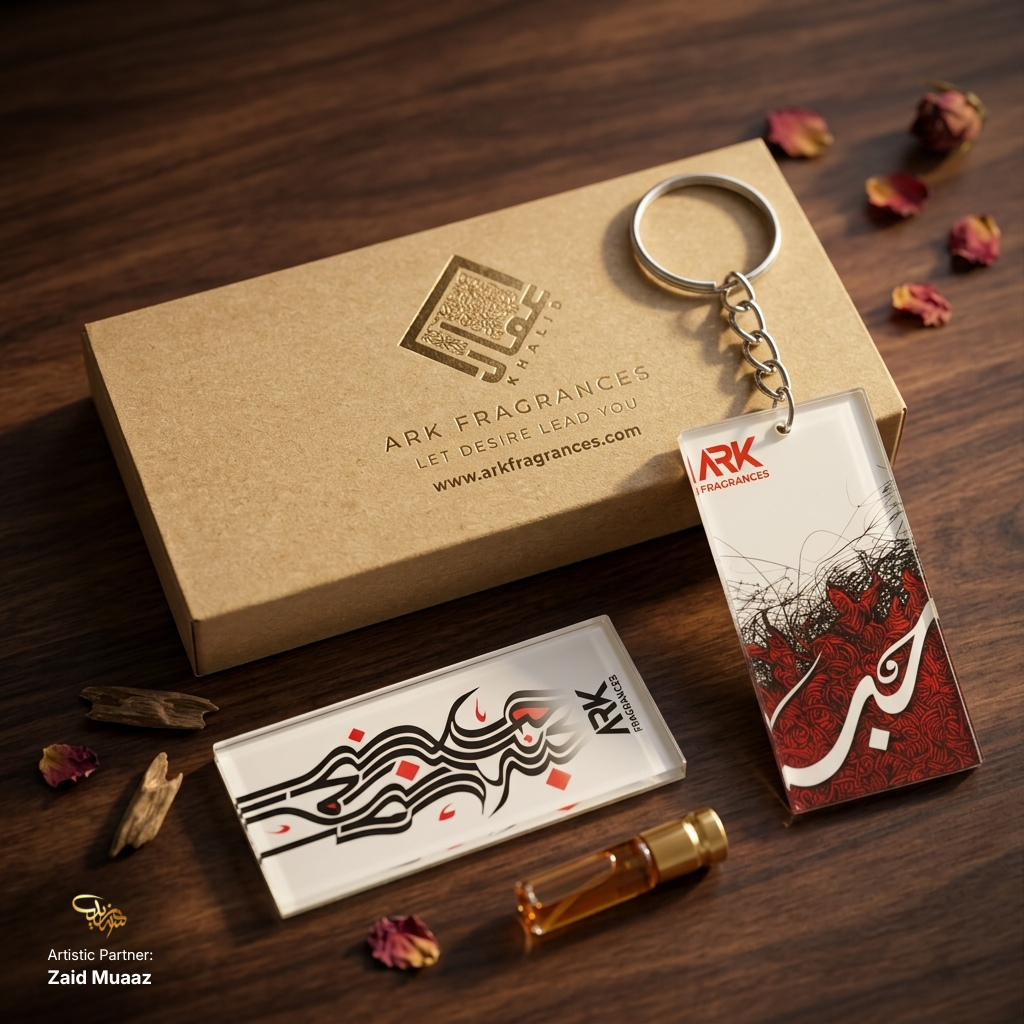 Searching for the perfect anniversary or Eid gift for men in Pakistan? This premium ARK Fragrances gift box features a highly concentrated, long-lasting attar perfume oil and an exclusive Urdu calligraphy acrylic keychain by artist Zaid Muaaz. Designed for the sophisticated gentleman, it offers a luxurious, niche signature scent experience that outshines commercial options from Scents n Stories or J. Shop the best high-end customized corporate gifting and premium fragrance grooming essentials in Karachi.