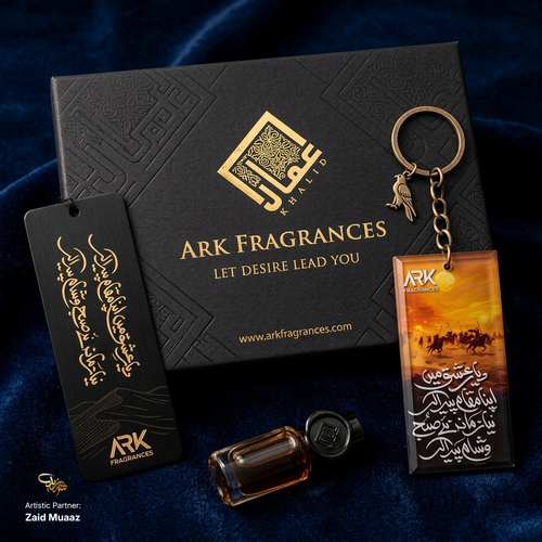 Shop the ultimate luxury Islamic gift set in Pakistan featuring aesthetic Arabic and Urdu poetry keychains paired with premium, alcohol-free Oud attars. Best gift ideas for husband, boss, or wedding favors. ARK Fragrances delivers top-tier, long-lasting men's grooming and signature scents. A truly royal fragrance experience and premium gifting option competing with top brands like J dot and Scents and Stories for the best perfumes in Pakistan.